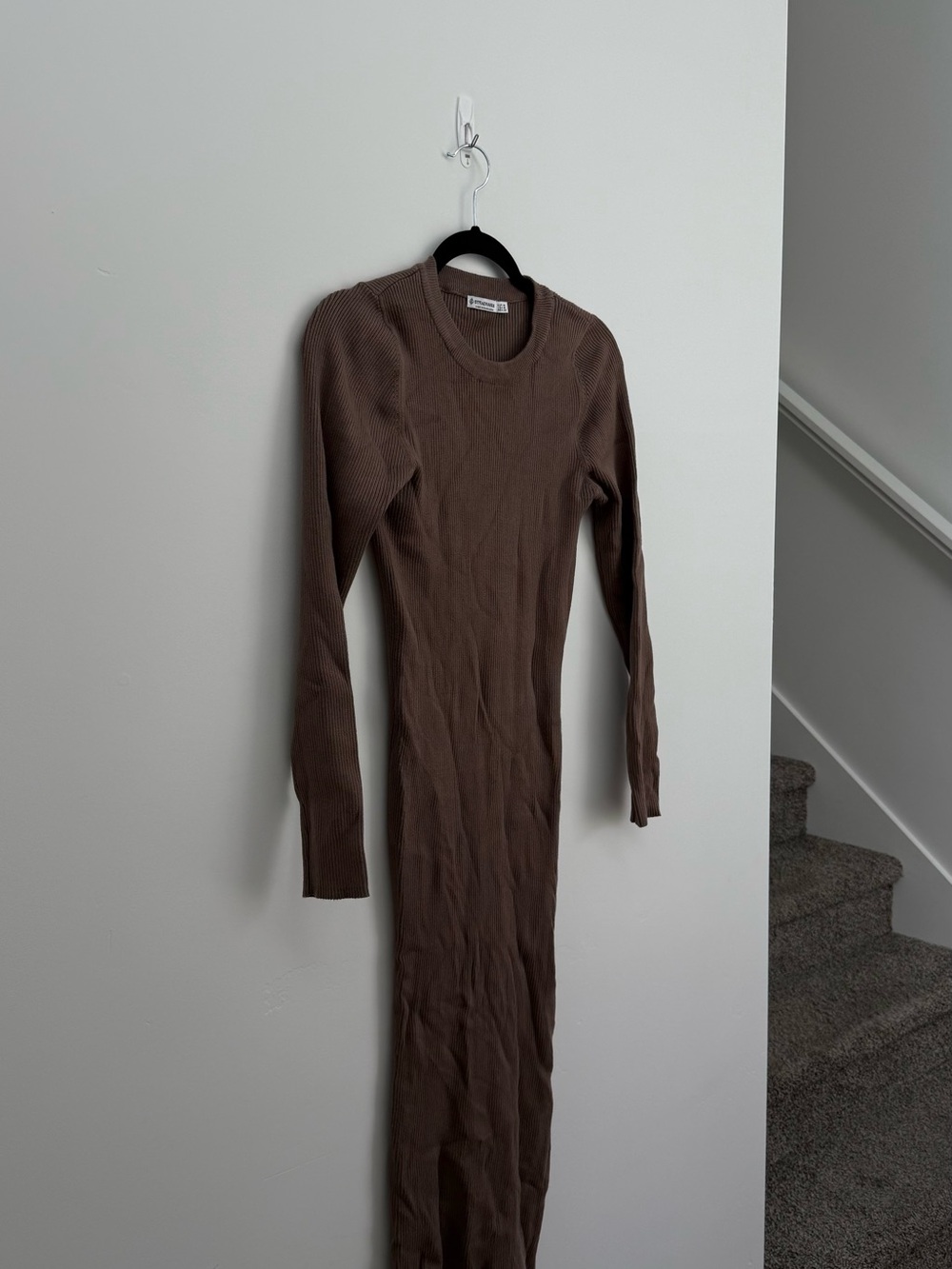 stradivarius Ribbed Long Sleeve Maxi Dress in Brown